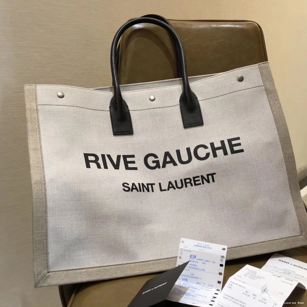 Tony Luxuries YSL IN GAUCHE RIVE AND BAG TOTE LEATHER LINEN 0711